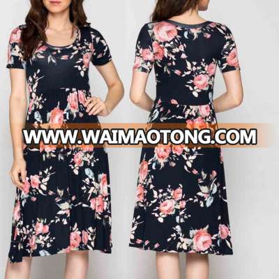 guangzhou bridesmaid dress Rayon ROSE PRINT ROUND NECK MIDI Dresses 2017 women summer dress